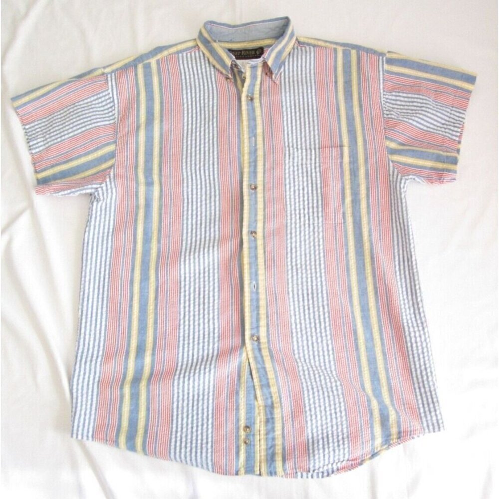 Vtg Men Deep River Trading Strip Button Cotton Short Sleeve Shirt Sz XL (MT426)